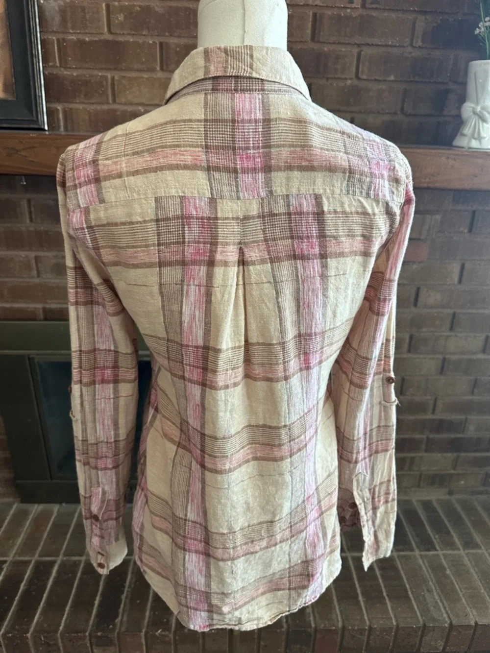 Free People Boho No Limits Plaid Linen Utility Button Up Shirt XS Pink Ivory